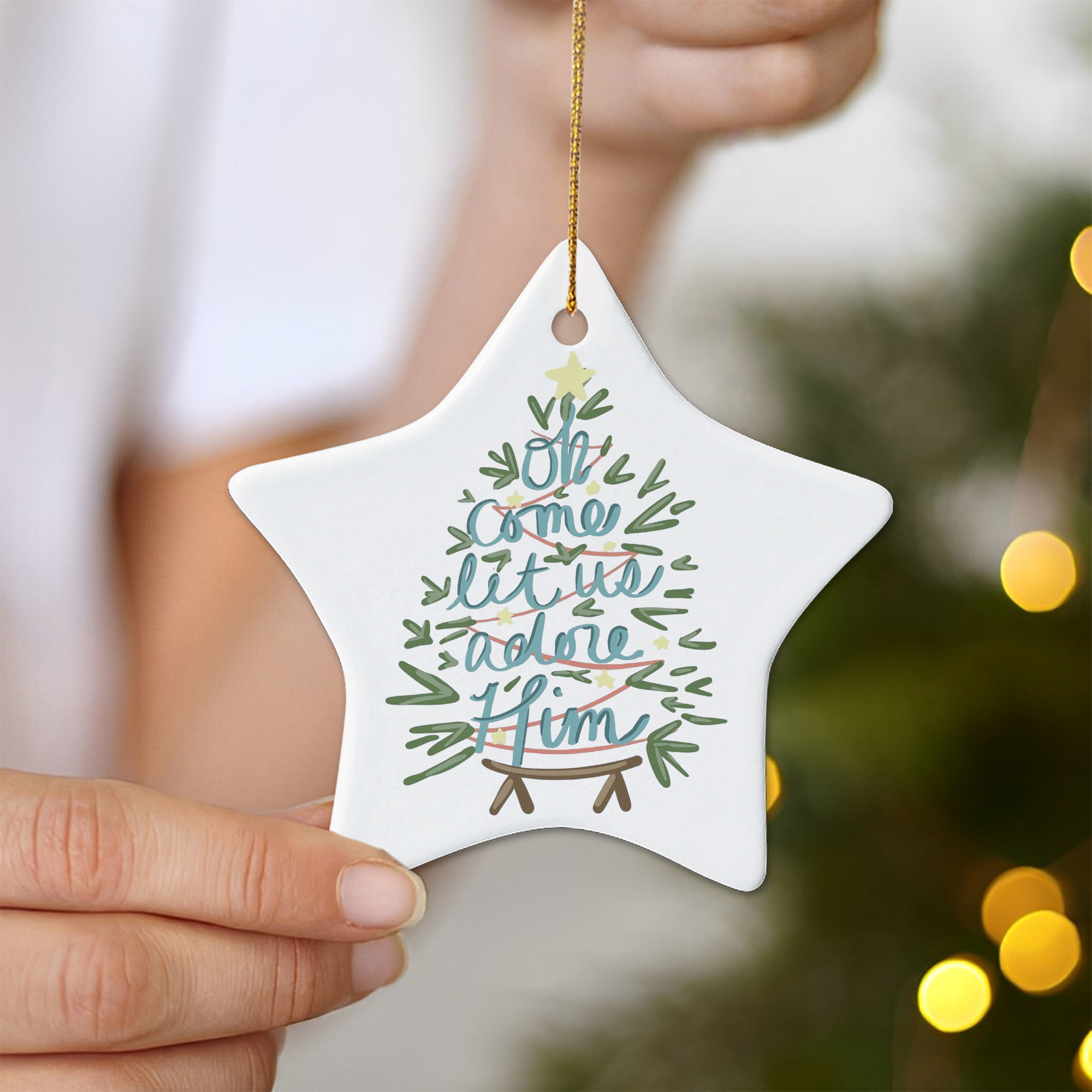 Oh Come Let Us Adore Him Christmas Ornament, Christmas Tree Nativity Design, Christian Holiday Decoration, Religious Xmas Tree Decor DCLAF46